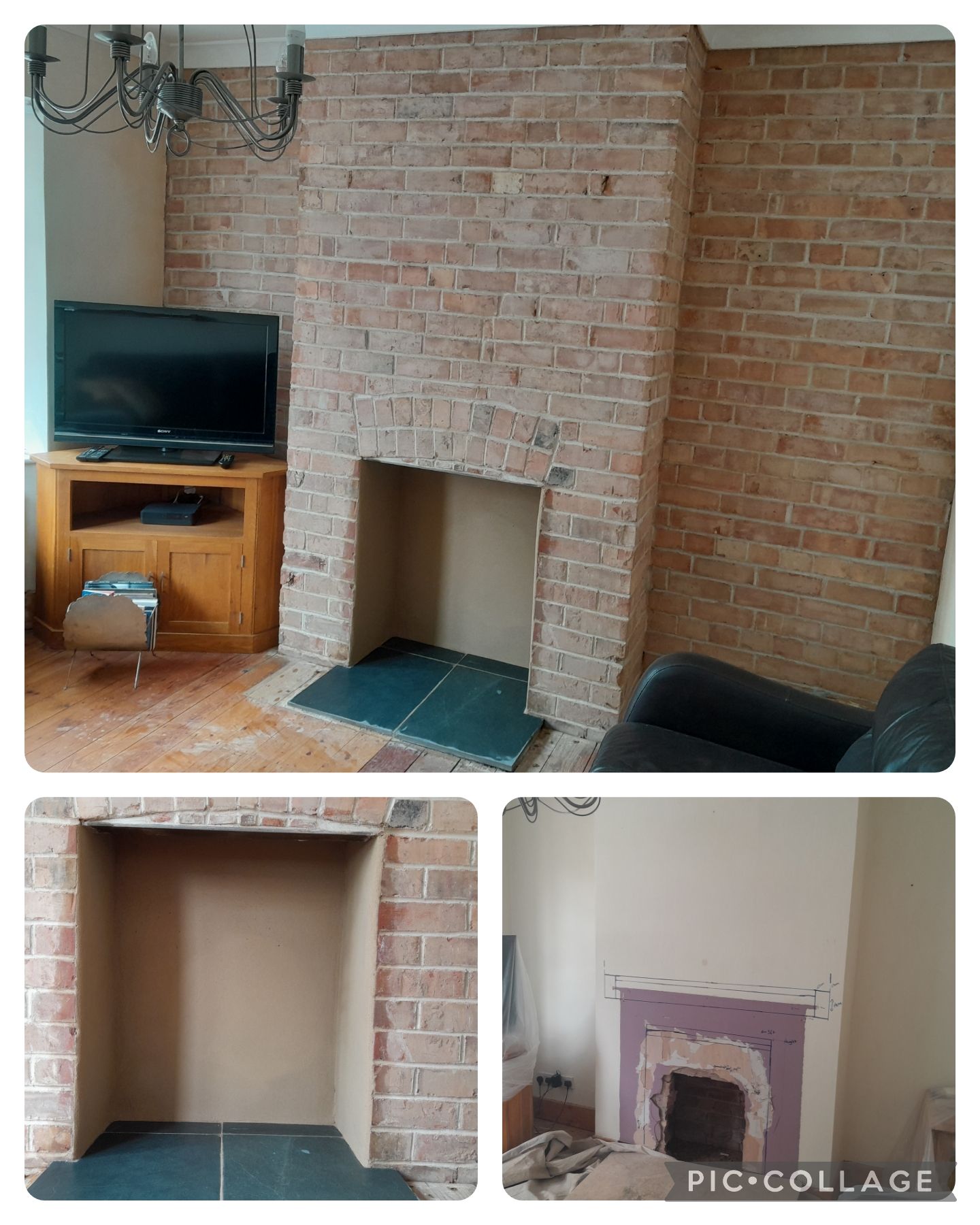A brick chimney breast with a newly plastered fireplace opening